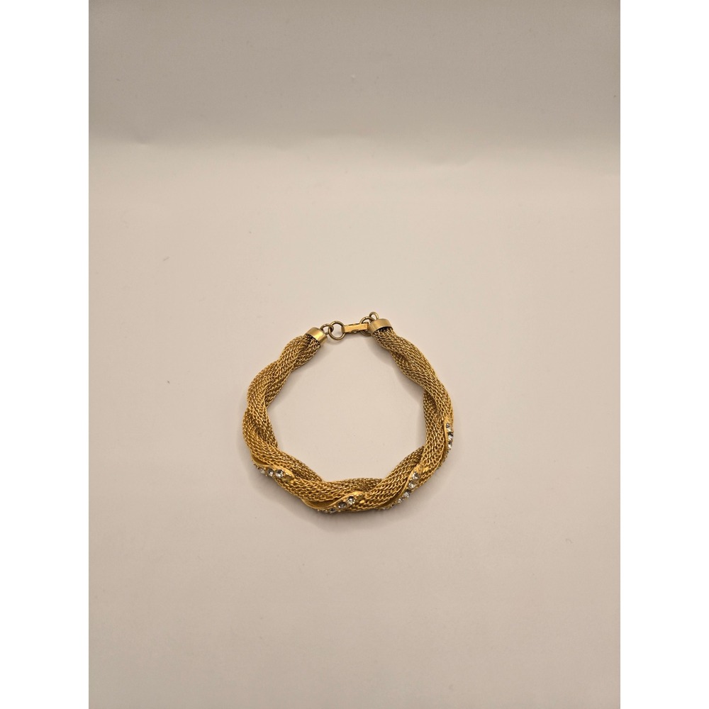 Vintage Gold Tone Twisted Mesh Rhinestone Bracelet Fold Over Clasp 6.75 Inch